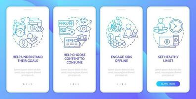 Teen device addiction tips blue gradient onboarding mobile app screen. Walkthrough 4 steps graphic instructions with linear concepts. UI, UX, GUI template vector