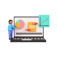 3d hacer de mujer de negocios demostración infografía diagrama en ordenador portátil pantalla. png