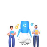 3D Render of Business Man And Woman Launching A Project of Rocket png