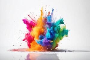 Colorful rainbow holi paint color powder explosion on white background. photo