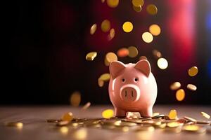 Piggy bank with falling coins on blurred background. photo