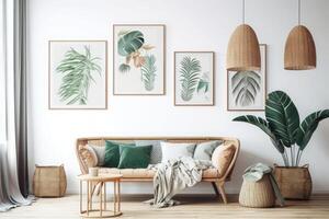 Frames in home interior. Room in boho style with natural wooden furniture and plants. photo