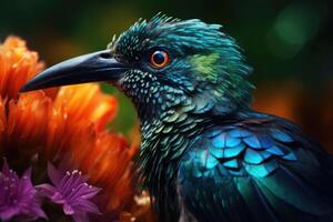 Colored tropical bird and beautiful surreal flowers. photo