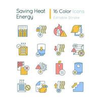 Saving heat energy RGB color icons set. Efficient home heating advice. Reduce costs. Isolated vector illustrations. Simple filled line drawings collection. Editable stroke