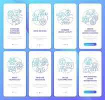 Personalized marketing strategy blue gradient onboarding mobile app screen set. Walkthrough 4 steps graphic instructions with linear concepts. UI, UX, GUI template vector