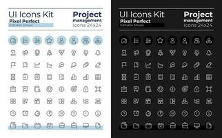 Project management pixel perfect linear ui icons kit for dark, light mode. Business strategy. Outline isolated user interface elements for night, day themes. Editable stroke vector