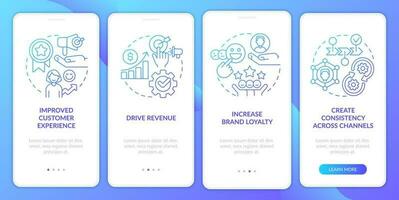 Personalized marketing achievement blue gradient onboarding mobile app screen. Walkthrough 4 steps graphic instructions with linear concepts. UI, UX, GUI template vector