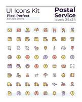 Postal service pixel perfect RGB color ui icons set. Parcel delivery. Mailing. GUI, UX design for mobile app. Vector isolated pictograms. Editable stroke