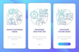 Research target audience needs blue gradient onboarding mobile app screen. Walkthrough 3 steps graphic instructions with linear concepts. UI, UX, GUI template vector