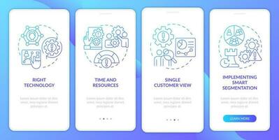 Personalized marketing tasks blue gradient onboarding mobile app screen. Walkthrough 4 steps graphic instructions with linear concepts. UI, UX, GUI template vector