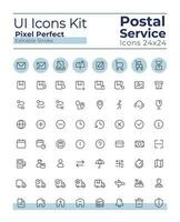 Postal service pixel perfect linear ui icons set. Parcel delivery. Send and receive letter. Mailing. Outline isolated user interface elements. Editable stroke vector