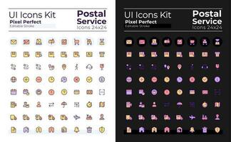 Postal service pixel perfect RGB color ui icons set for dark, light mode. Simple filled line element. GUI, UX design for mobile app. Vector isolated pictogram. Editable stroke