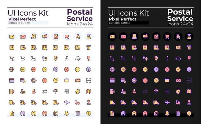 Postal service pixel perfect RGB color ui icons set for dark, light mode. Simple filled line element. GUI, UX design for mobile app. Vector isolated pictogram. Editable stroke