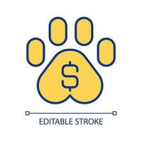 Animal donations RGB color icon. Profitable pet business. Paw with money sign. Dog and cat ownership cost. Isolated vector illustration. Simple filled line drawing. Editable stroke