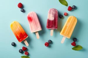 Ice cream popsicles with fruit and berries on pastel background. photo