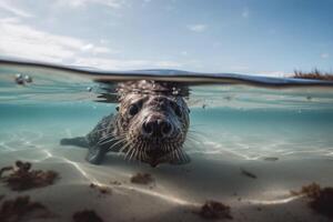 A cute sea otter swimming underwater. Waves on a sandy beach above water. photo