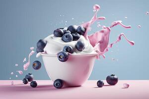 Splash of tasty yogurt and fresh blueberries on violet background. Generative AI photo