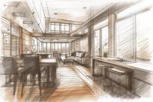 Detail focused hand drawn sketch of the interior of a sleek modern home. photo