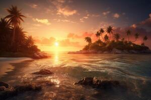 Sunset on a tropical island. Palm trees and beach on the island. A place to relax photo