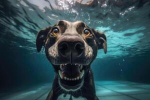 submarino gracioso foto de perro, bucear profundo abajo. verano vacaciones con mascota. de cerca submarino foto de un perro. generativo ai ilustración