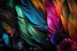 Colorful feathers background. Feather pattern. Collage print with feather texture. photo
