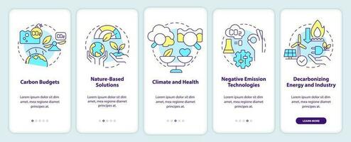 Global net zero goals onboarding mobile app screen. Carbon removal walkthrough 5 steps editable graphic instructions with linear concepts. UI, UX, GUI template vector