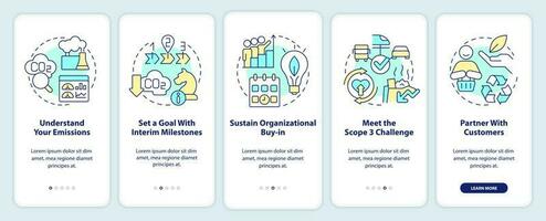 Change to net zero onboarding mobile app screen. Reduce emissions walkthrough 5 steps editable graphic instructions with linear concepts. UI, UX, GUI template vector