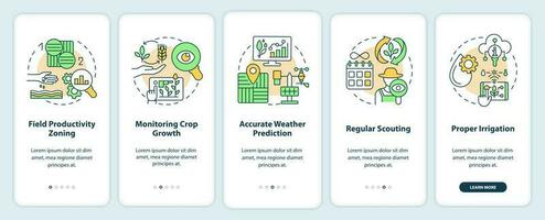 Increased crop yield factors onboarding mobile app screen. Walkthrough 5 steps editable graphic instructions with linear concepts. UI, UX, GUI template vector