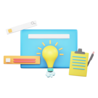 3D Rendering of Web Browser With Light Bulb, Clipboard, Pen And Search Engine png