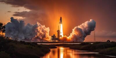 . . Photo realistic illustration of rocket shutle ship nasa launching. Adventure space travel explore vibe. Graphic Art