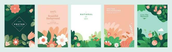 Set of natural and floral vector illustrations for beauty and fashion, greeting card, invitation card for wedding, web and social media banner, brochure cover, marketing material.