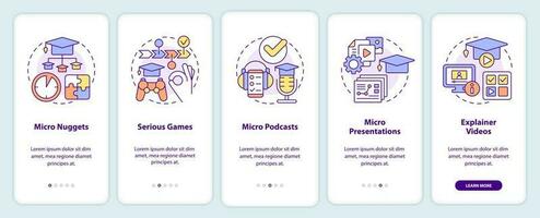 Microlearning ways onboarding mobile app screen. Micro nuggets walkthrough 5 steps editable graphic instructions with linear concepts. UI, UX, GUI template vector