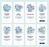 Microlearning approach onboarding mobile app screen set. E learning walkthrough 4 steps editable graphic instructions with linear concepts. UI, UX, GUI template vector