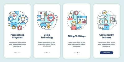 Microlearning practices onboarding mobile app screen. Using technology walkthrough 4 steps editable graphic instructions with linear concepts. UI, UX, GUI template vector