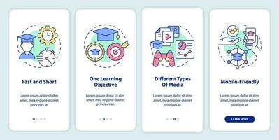 Principles of microlearning onboarding mobile app screen. Fast, short walkthrough 4 steps editable graphic instructions with linear concepts. UI, UX, GUI template vector