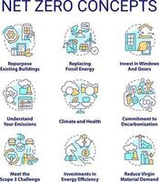 Net zero concept icons set. Reducing pollution process. Carbon removal idea thin line color illustrations. Isolated symbols. Editable stroke vector