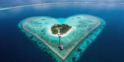 ai generado. ai generativo. aéreo zumbido foto realista ilustración de isla Maldivas en corazón forma. paraíso aventuras vacaciones tropical onda. gráfico Arte