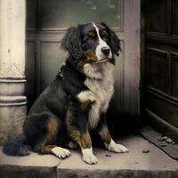 . . Photo realistic old vintage retro photo illustration of pet cute dog. Hand colored photography. Graphic Art