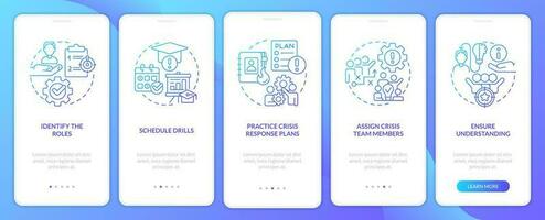 Crisis management team blue gradient onboarding mobile app screen. Walkthrough 5 steps graphic instructions with linear concepts. UI, UX, GUI template vector