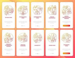 Crisis management red gradient onboarding mobile app screen set. Risks types walkthrough 5 steps graphic instructions with linear concepts. UI, UX, GUI template vector