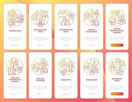 Crisis management red gradient onboarding mobile app screen set. Risks types walkthrough 5 steps graphic instructions with linear concepts. UI, UX, GUI template vector