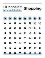 E commerce black glyph ui icons set. Retail shop. Purchasing. Silhouette symbols on white space. Solid pictograms for web, mobile. Isolated vector illustrations