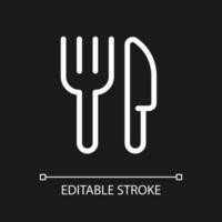 Fork and knife pixel perfect white linear ui icon for dark theme. Restaurant. Serve up table. Vector line pictogram. Isolated user interface symbol for night mode. Editable stroke