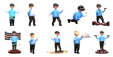 3D Rendering of a Set with an Young Man Wearing VR Goggles In Various Imaginary or Virtual Actions. png