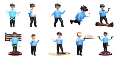 3d representación de un conjunto con un joven hombre vistiendo vr gafas de protección en varios imaginario o virtual comportamiento. png