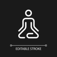 Meditation pixel perfect white linear ui icon for dark theme. Lotus position. Calmness, harmony. Vector line pictogram. Isolated user interface symbol for night mode. Editable stroke