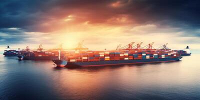 . . Photo Realistic shot of sea port cargo with ships and containers. Logistic business transportation doc. Graphic Art