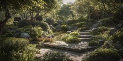 . . Photo realistic illustration of scandinavian peace calm meditation garden outside city house. Relax vibe. Graphic Art