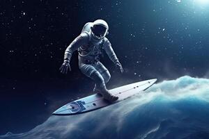 An astronaut surfing in the deep space. The spaceman on a surfboard is surfing the stars. photo