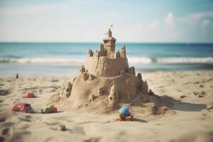 Sand castle with towers on the shore of the sandy beach blue sea. photo
